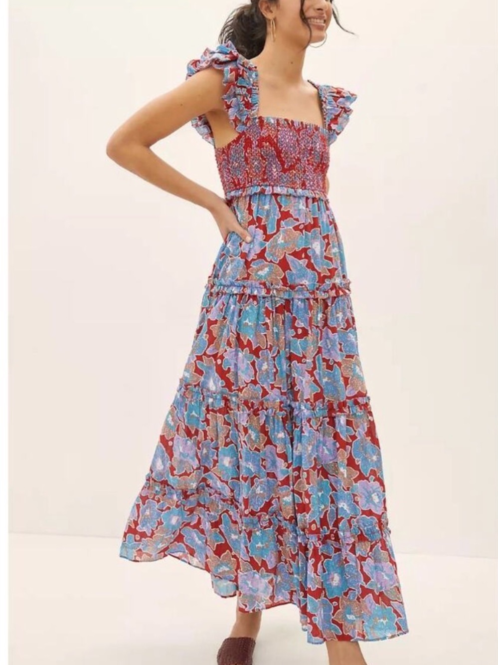 Floral Smocked Maxi Dress in Red & Blue